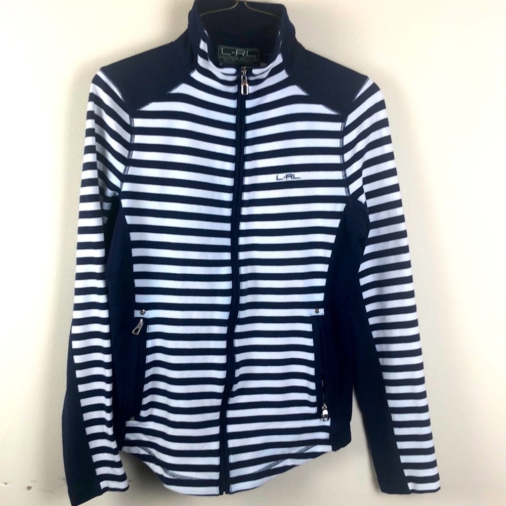 LRL Ralph, Lauren Active womens sz S zip up coat, jogger, navy blue striped